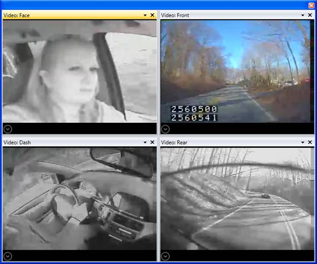 A four-camera view of a study participant in an instrumented vehicle